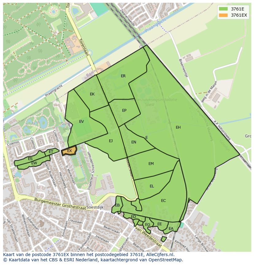 Afbeelding van het postcodegebied 3761 EX op de kaart.