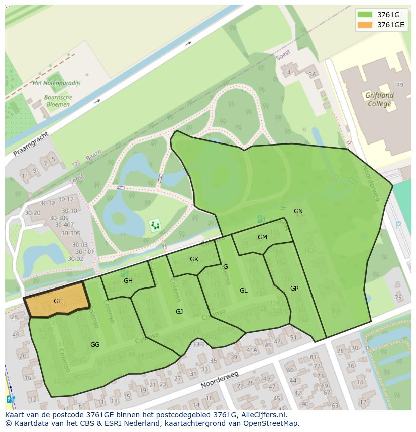 Afbeelding van het postcodegebied 3761 GE op de kaart.