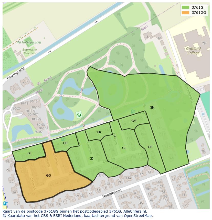 Afbeelding van het postcodegebied 3761 GG op de kaart.