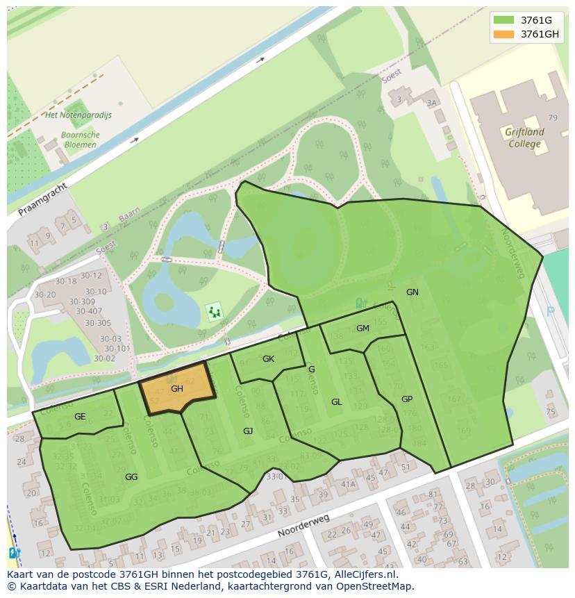 Afbeelding van het postcodegebied 3761 GH op de kaart.