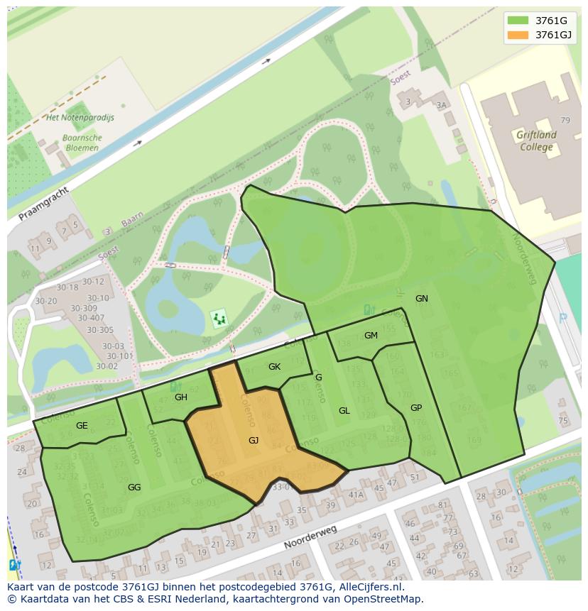 Afbeelding van het postcodegebied 3761 GJ op de kaart.