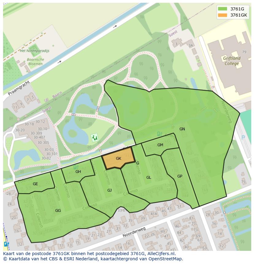 Afbeelding van het postcodegebied 3761 GK op de kaart.