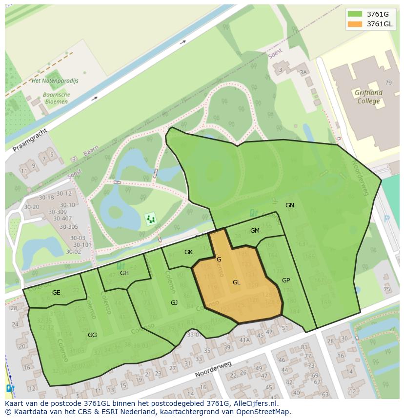 Afbeelding van het postcodegebied 3761 GL op de kaart.