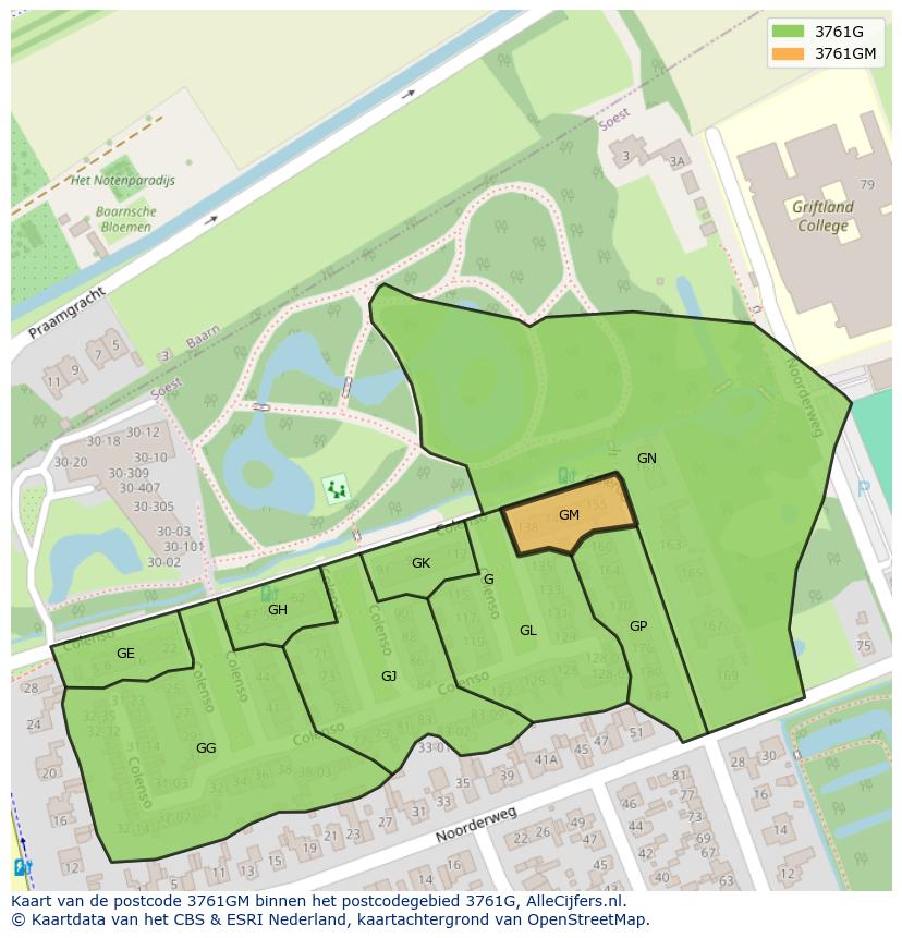 Afbeelding van het postcodegebied 3761 GM op de kaart.