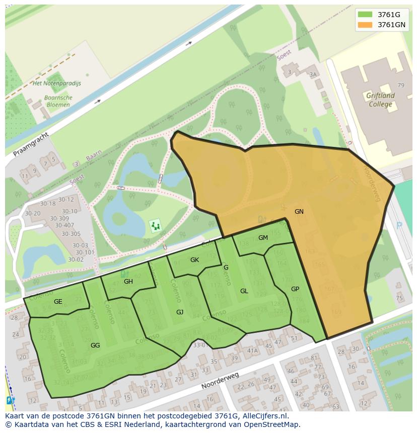 Afbeelding van het postcodegebied 3761 GN op de kaart.