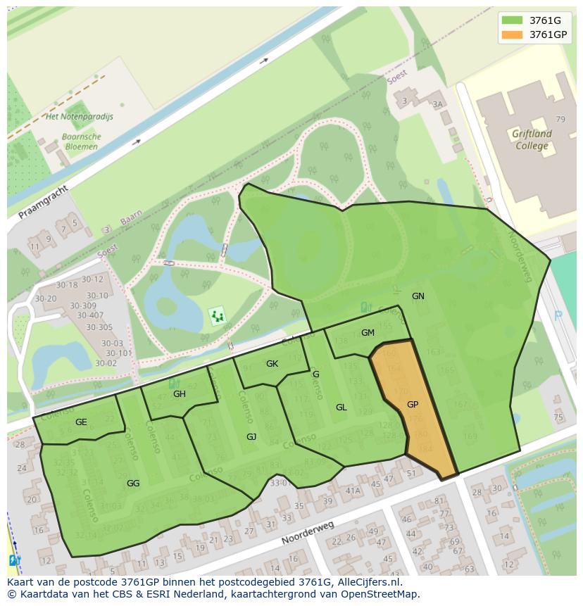 Afbeelding van het postcodegebied 3761 GP op de kaart.