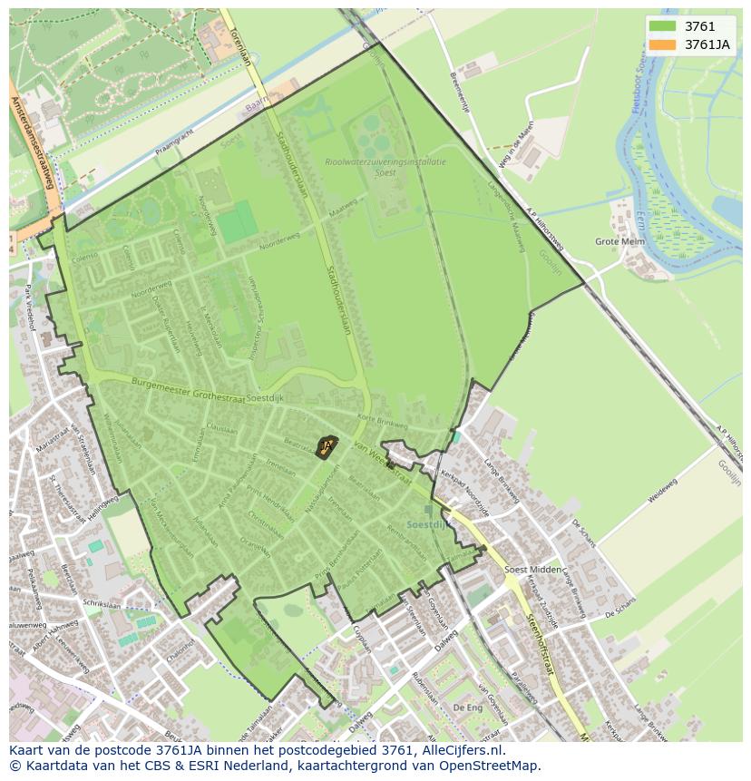 Afbeelding van het postcodegebied 3761 JA op de kaart.