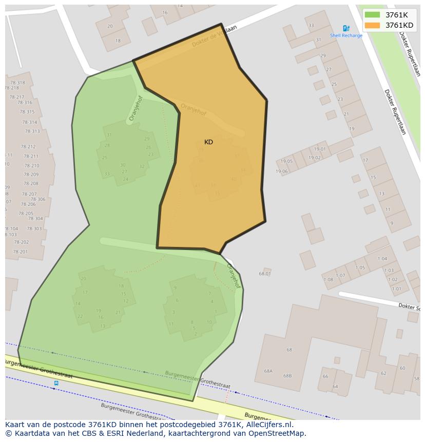 Afbeelding van het postcodegebied 3761 KD op de kaart.
