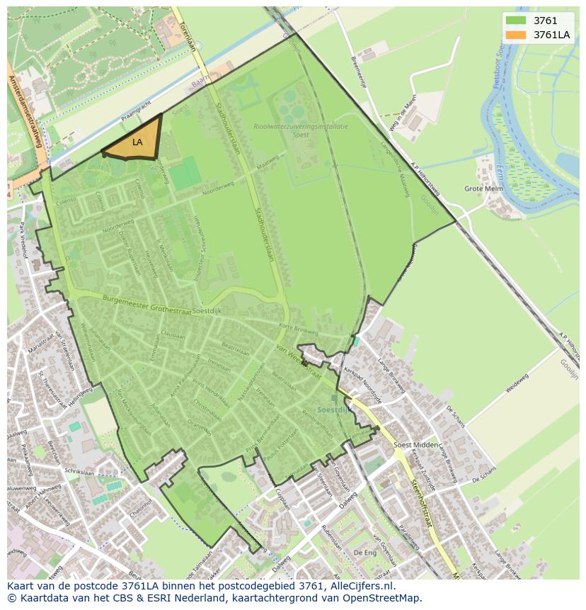 Afbeelding van het postcodegebied 3761 LA op de kaart.