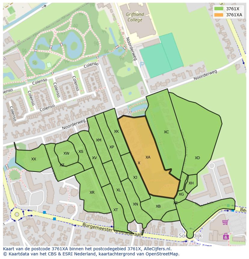 Afbeelding van het postcodegebied 3761 XA op de kaart.