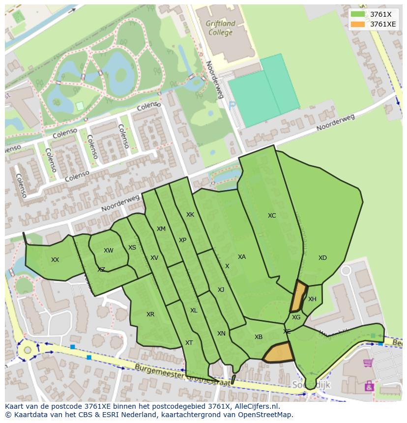 Afbeelding van het postcodegebied 3761 XE op de kaart.