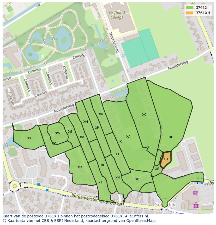 Afbeelding van het postcodegebied 3761 XH op de kaart.