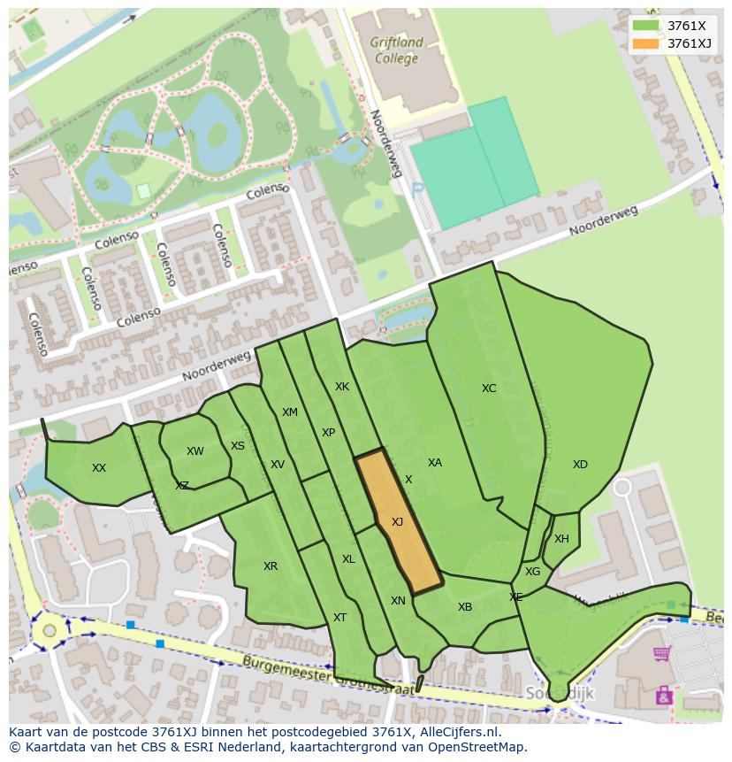 Afbeelding van het postcodegebied 3761 XJ op de kaart.