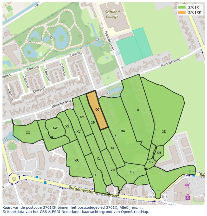 Afbeelding van het postcodegebied 3761 XK op de kaart.