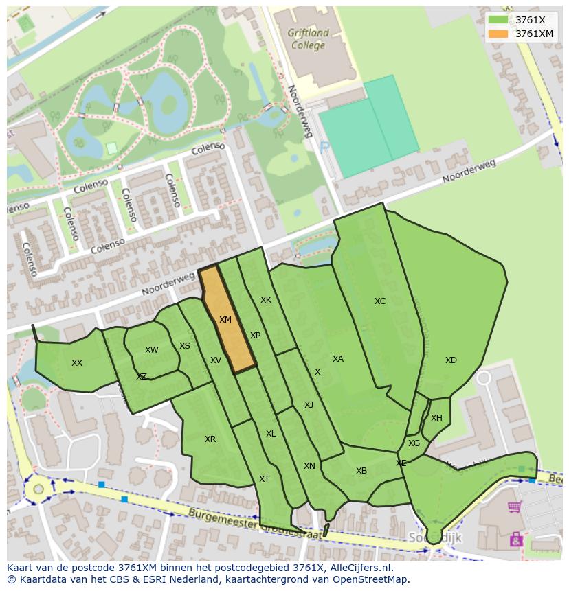 Afbeelding van het postcodegebied 3761 XM op de kaart.