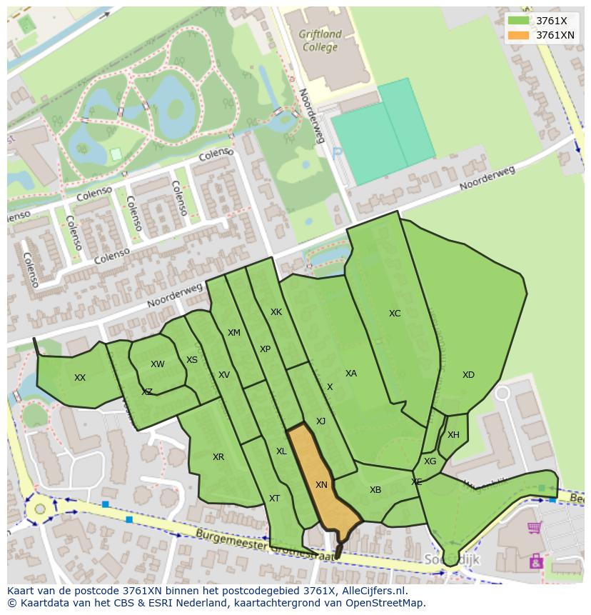 Afbeelding van het postcodegebied 3761 XN op de kaart.