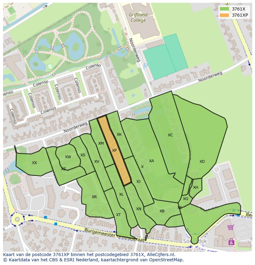 Afbeelding van het postcodegebied 3761 XP op de kaart.