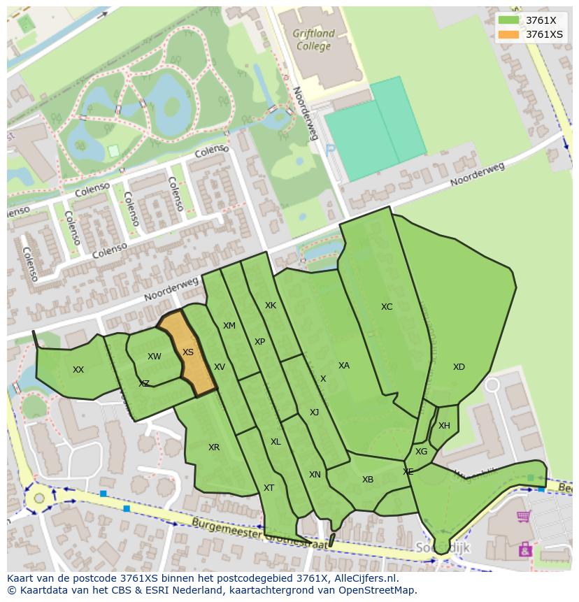 Afbeelding van het postcodegebied 3761 XS op de kaart.