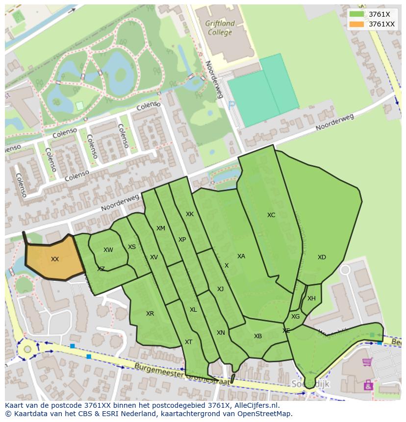 Afbeelding van het postcodegebied 3761 XX op de kaart.