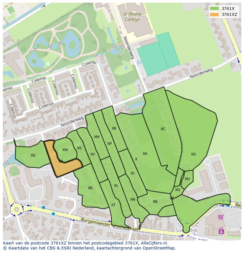 Afbeelding van het postcodegebied 3761 XZ op de kaart.