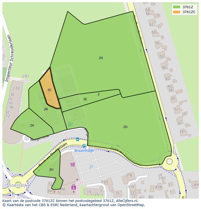 Afbeelding van het postcodegebied 3761 ZC op de kaart.