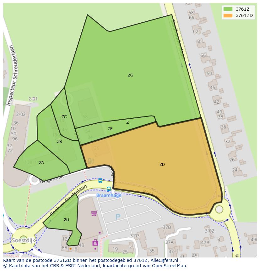 Afbeelding van het postcodegebied 3761 ZD op de kaart.