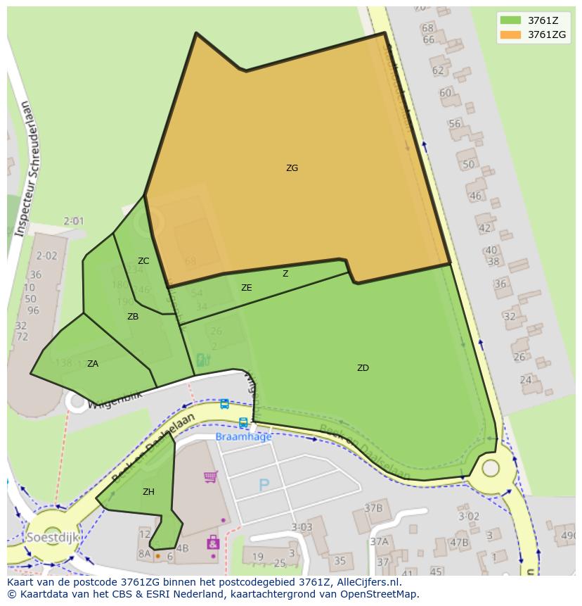 Afbeelding van het postcodegebied 3761 ZG op de kaart.
