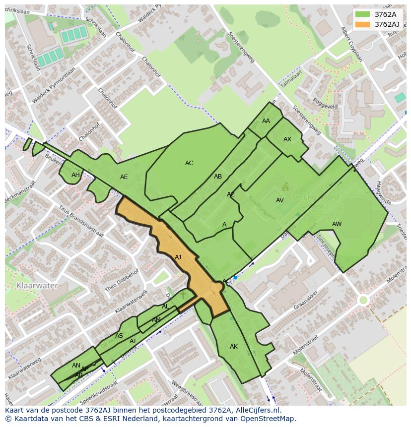 Afbeelding van het postcodegebied 3762 AJ op de kaart.