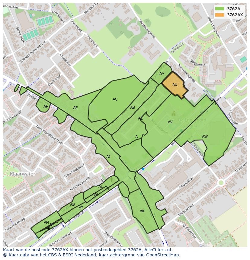 Afbeelding van het postcodegebied 3762 AX op de kaart.