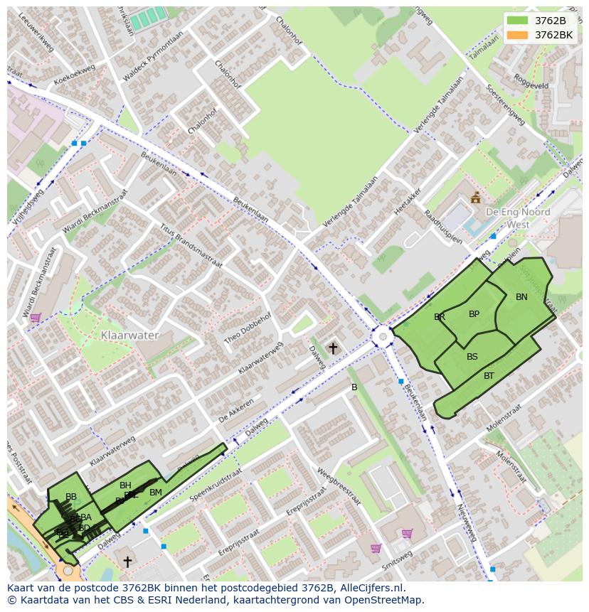 Afbeelding van het postcodegebied 3762 BK op de kaart.