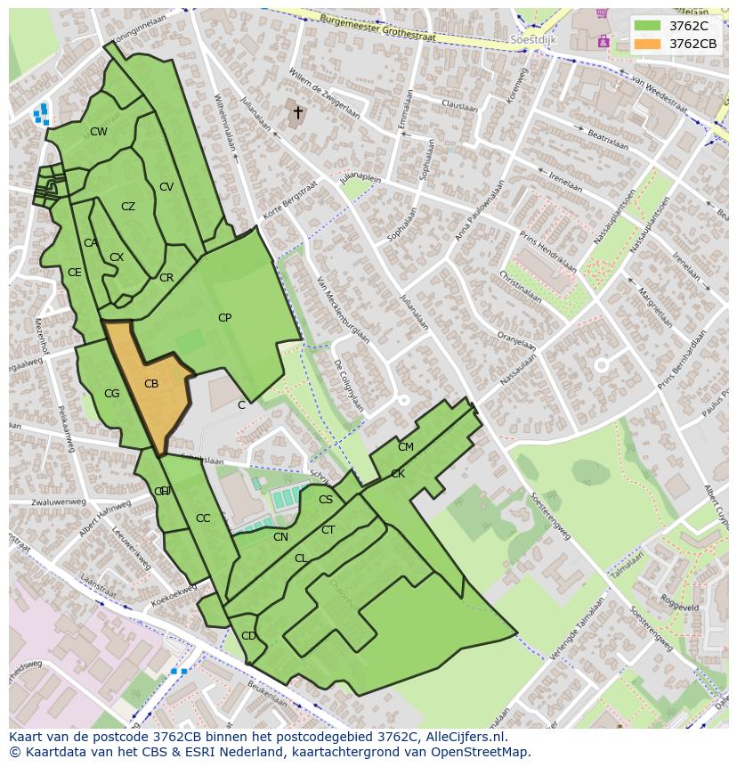 Afbeelding van het postcodegebied 3762 CB op de kaart.