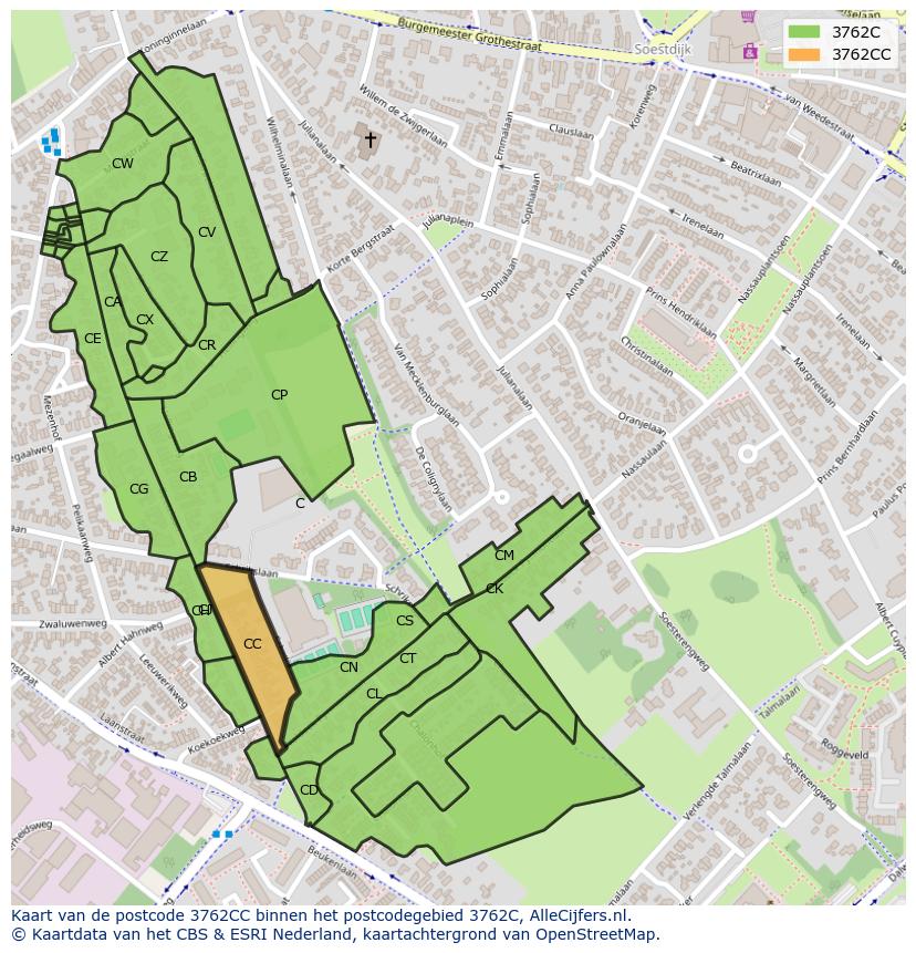 Afbeelding van het postcodegebied 3762 CC op de kaart.