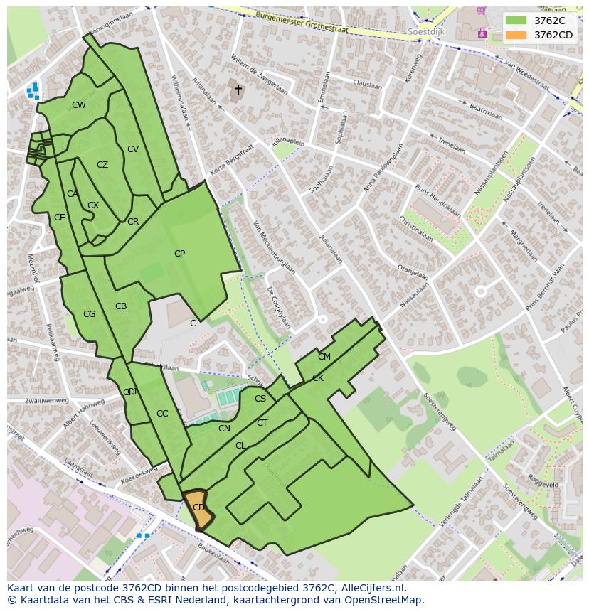 Afbeelding van het postcodegebied 3762 CD op de kaart.