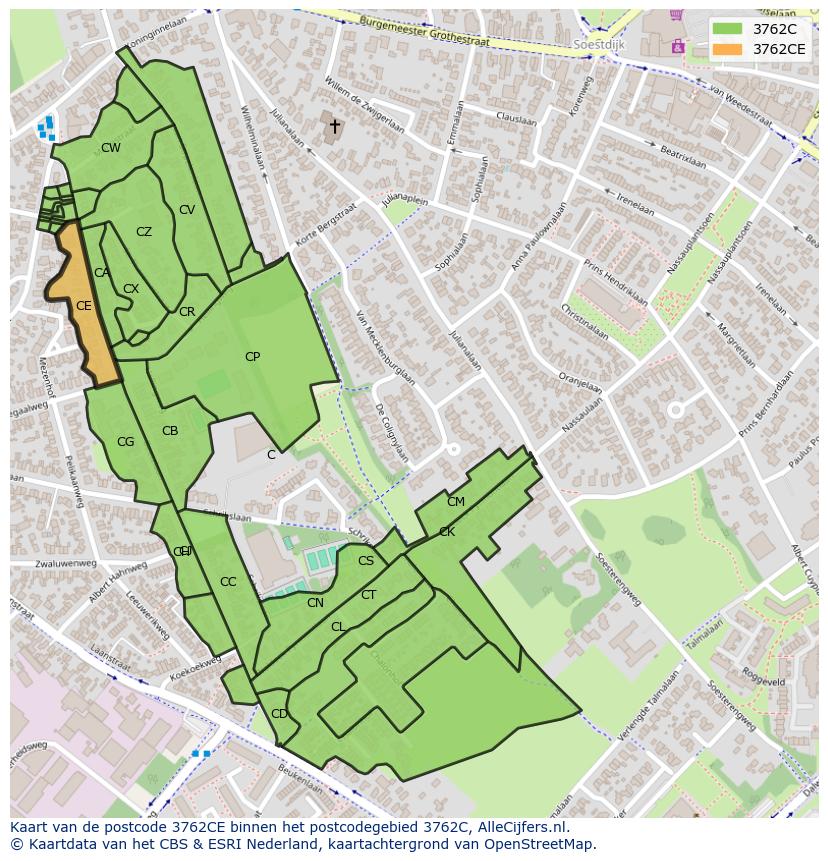 Afbeelding van het postcodegebied 3762 CE op de kaart.