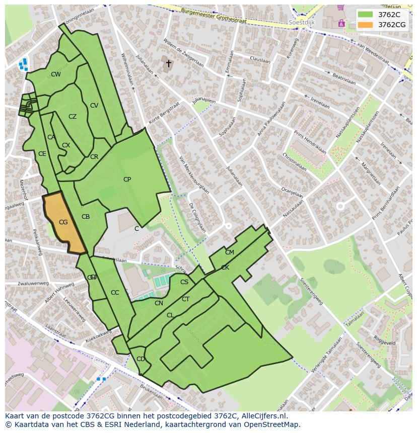Afbeelding van het postcodegebied 3762 CG op de kaart.