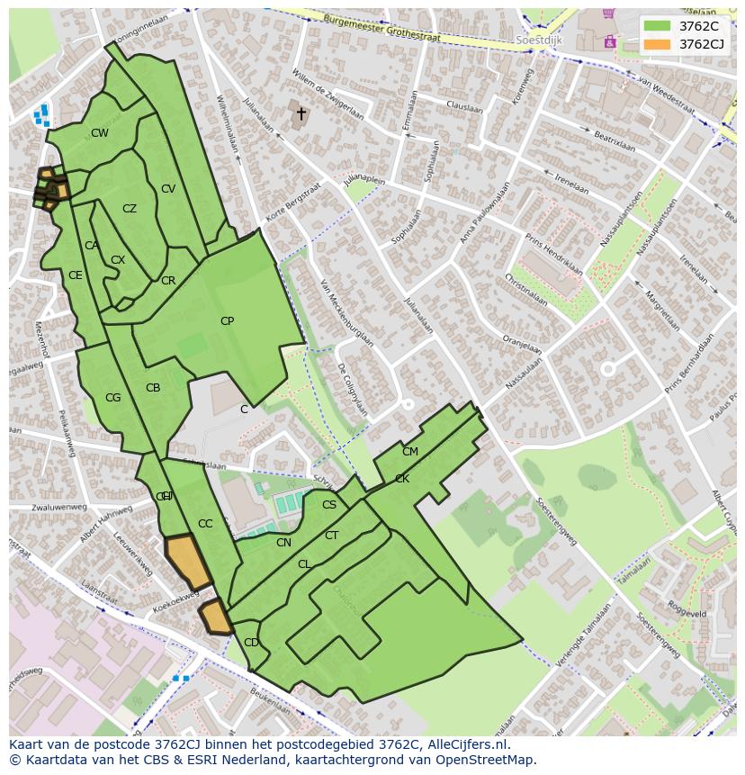 Afbeelding van het postcodegebied 3762 CJ op de kaart.