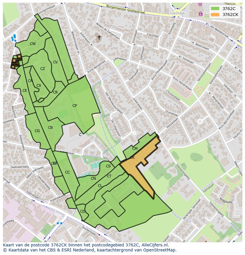 Afbeelding van het postcodegebied 3762 CK op de kaart.