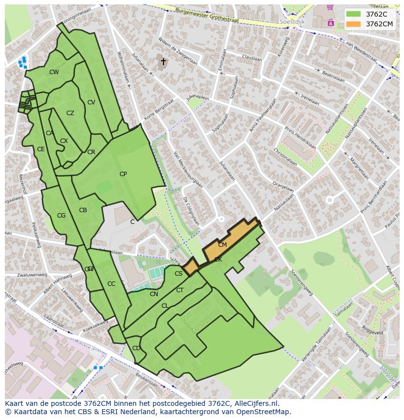 Afbeelding van het postcodegebied 3762 CM op de kaart.