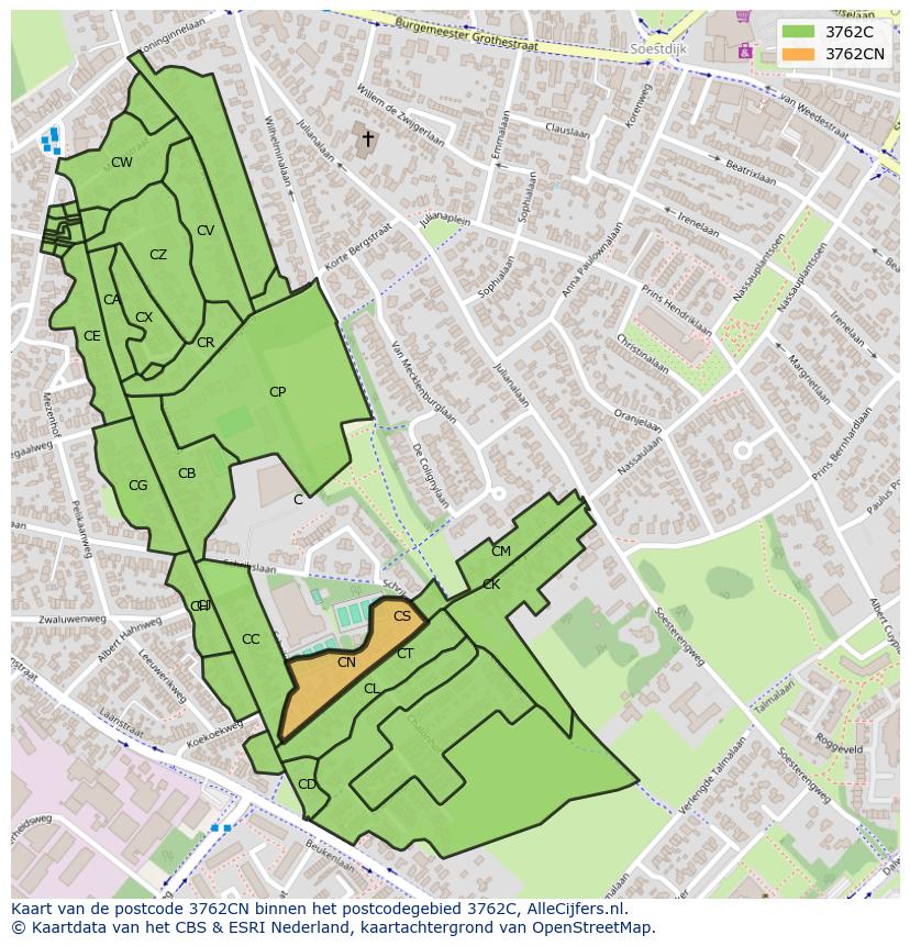 Afbeelding van het postcodegebied 3762 CN op de kaart.