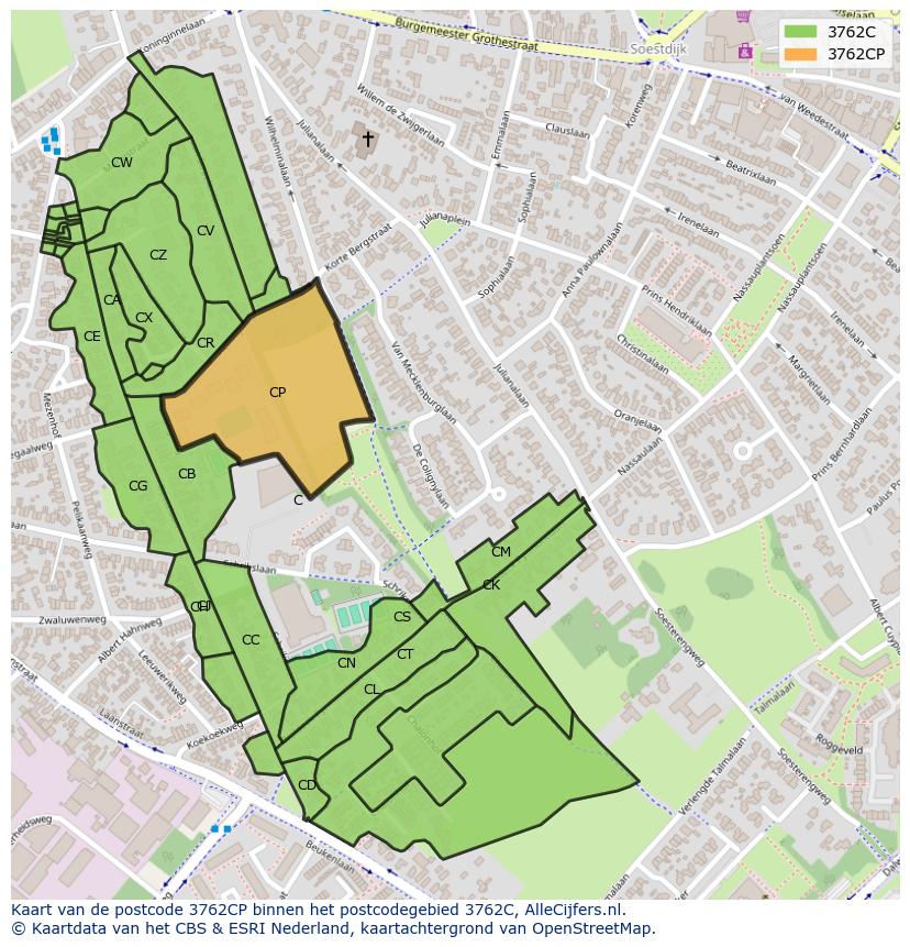 Afbeelding van het postcodegebied 3762 CP op de kaart.