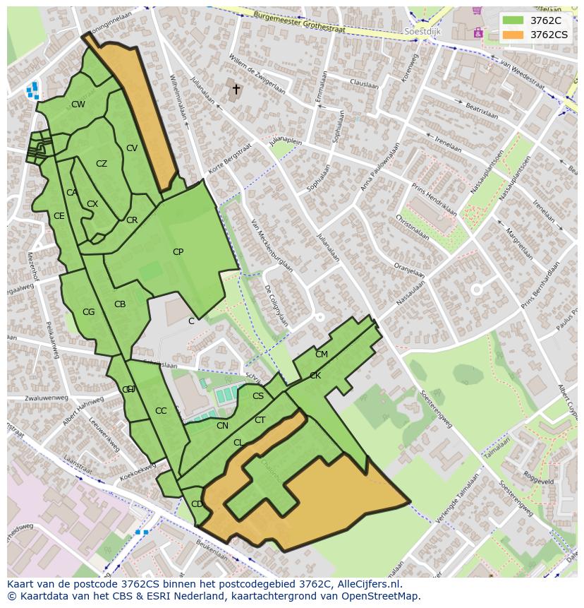 Afbeelding van het postcodegebied 3762 CS op de kaart.