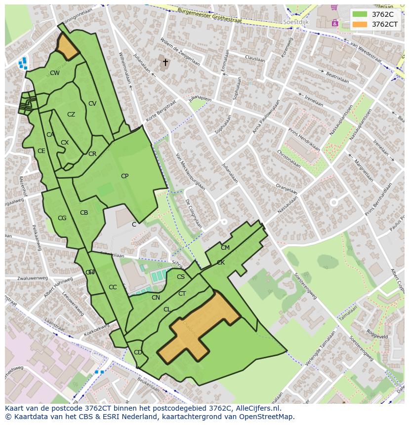Afbeelding van het postcodegebied 3762 CT op de kaart.