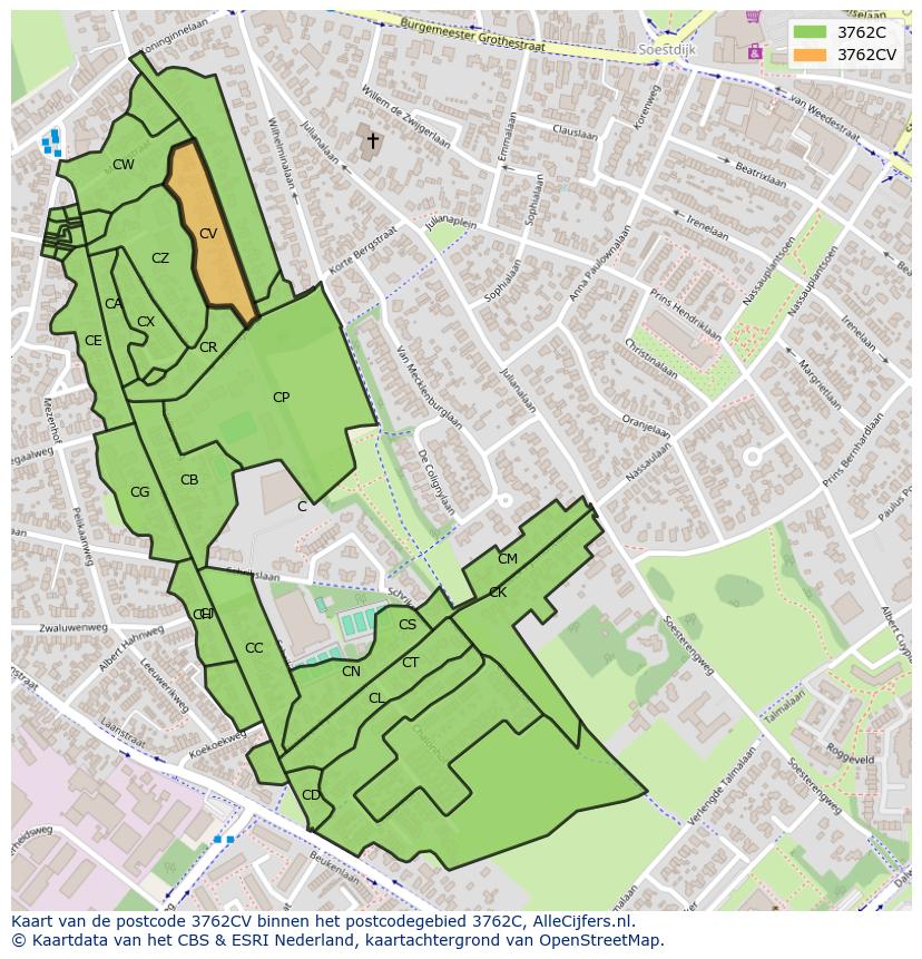 Afbeelding van het postcodegebied 3762 CV op de kaart.