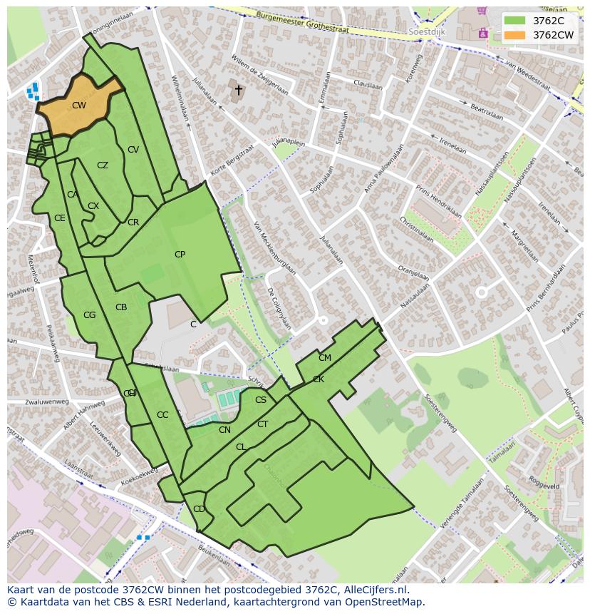Afbeelding van het postcodegebied 3762 CW op de kaart.