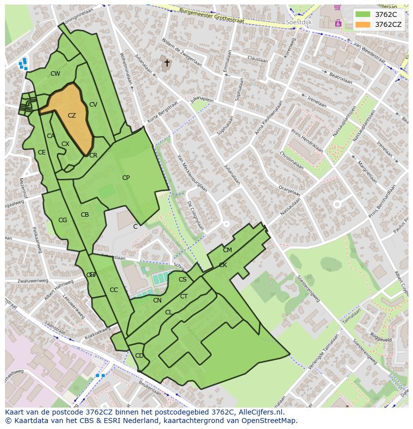 Afbeelding van het postcodegebied 3762 CZ op de kaart.