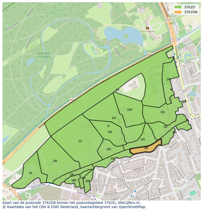 Afbeelding van het postcodegebied 3762 DB op de kaart.