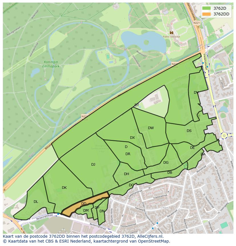 Afbeelding van het postcodegebied 3762 DD op de kaart.