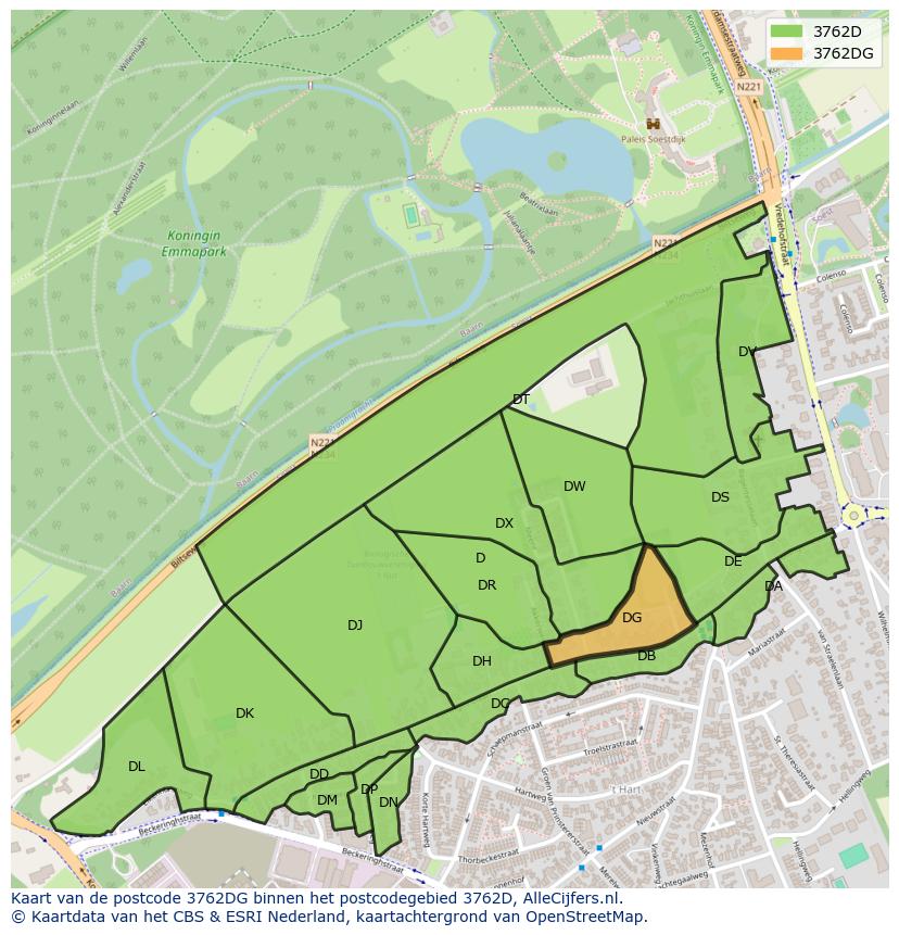 Afbeelding van het postcodegebied 3762 DG op de kaart.