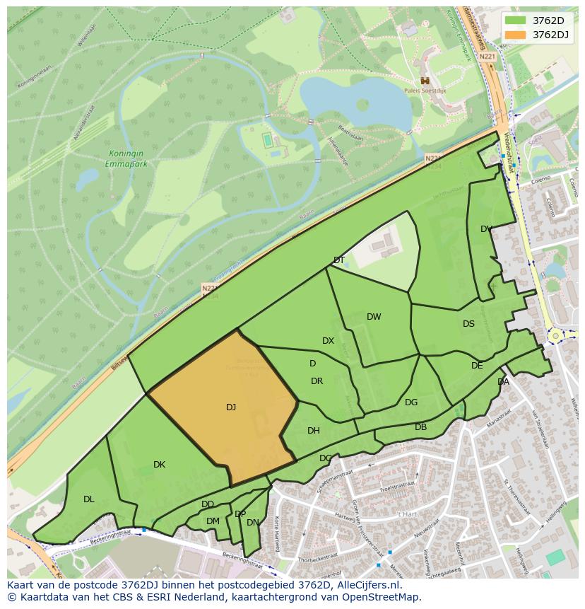 Afbeelding van het postcodegebied 3762 DJ op de kaart.