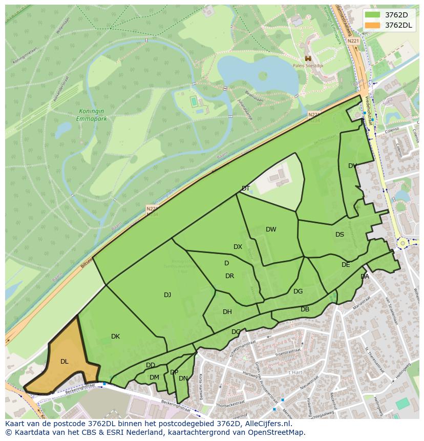 Afbeelding van het postcodegebied 3762 DL op de kaart.